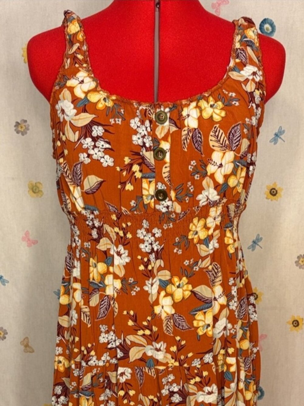 Fall Flirty Floral Button-Front Midi Dress in Rust